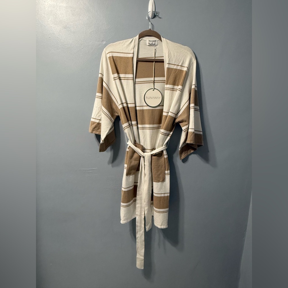 NWT Revolve Runaway The Label Tan / White Striped Belted Cardigan Women’s Size 4